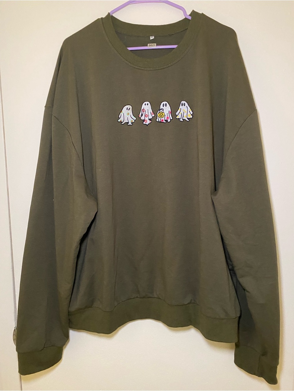 Olive Green Women’s Crewneck Sweatshirt with Ghost Patch